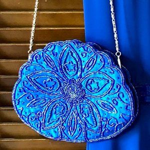 Bijoux Terner Blue Embellished Beaded Clutch/Shoulder Evening Purse